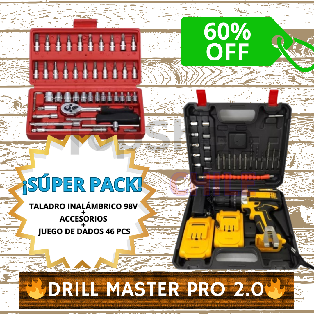 DrillMaster PRO 2.0™️ || 🔥Super Pack Promocional Taladro Inalámbrico 98v + Accesorios + Juego dados 46pcs 🔥