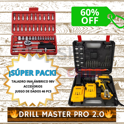 DrillMaster PRO 2.0™️ || 🔥Super Pack Promocional Taladro Inalámbrico 98v + Accesorios + Juego dados 46pcs 🔥